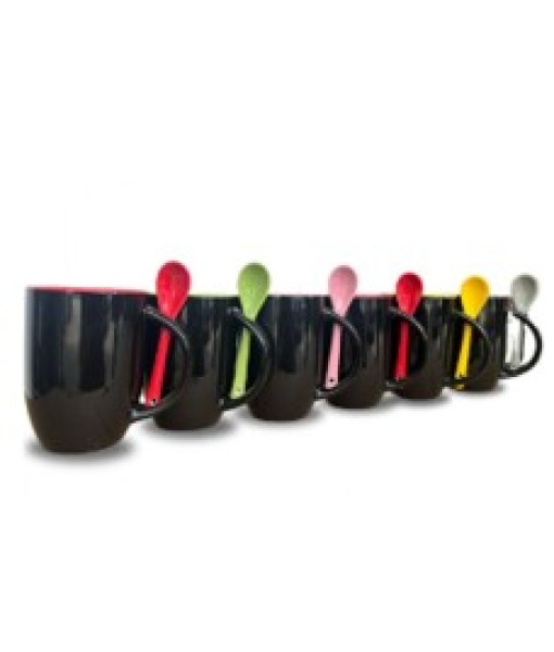 Caneca Cerâmica Com Colher Nero Preto Interior Colorido 380ML